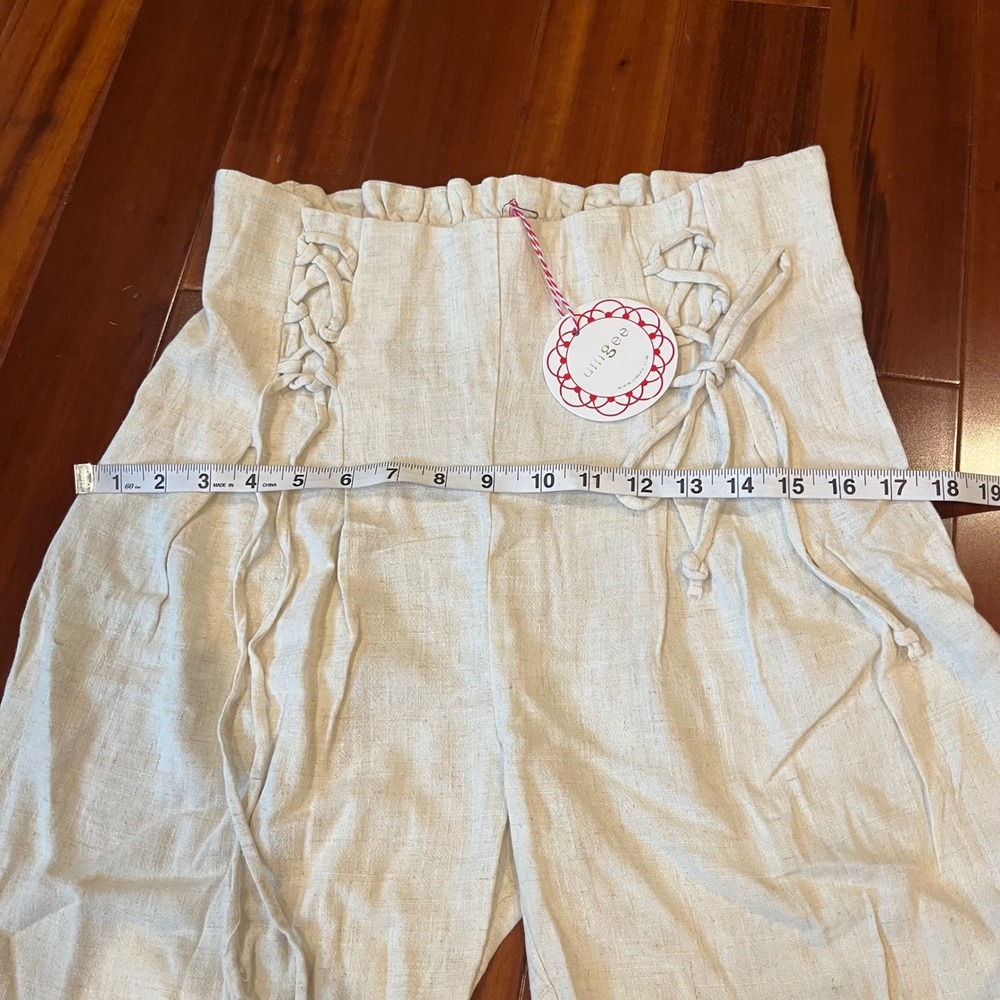 Umgee Linen Pants Wide Leg Paperbag Tie Lace Up Elastic Beige Oatmeal New Large - Picture 9 of 10